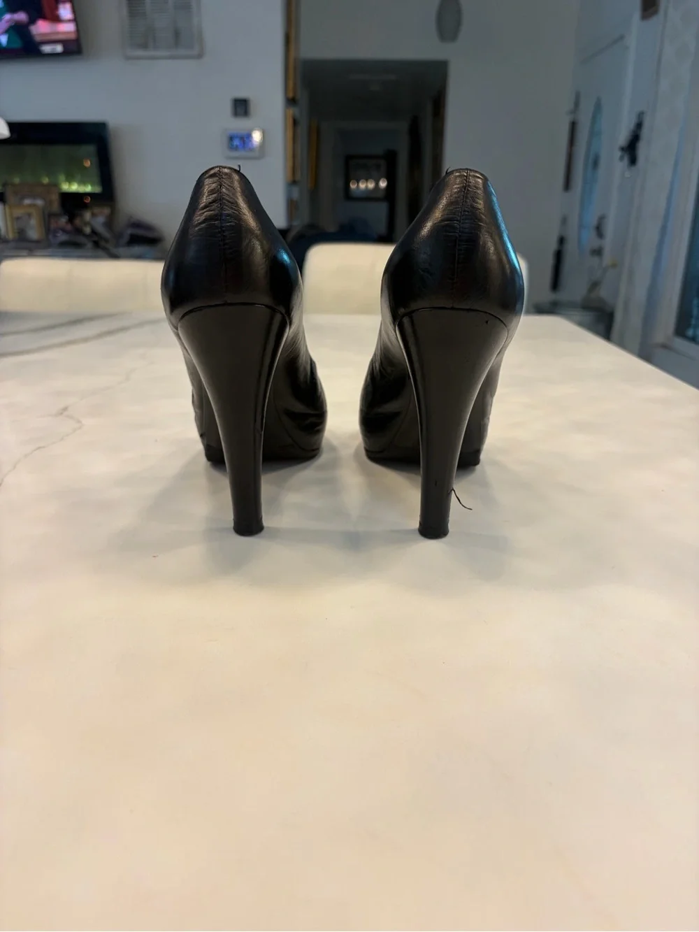 CHANEL Black Leather Peep-Toe Pumps with Gold CC Accent - Picture 5 of 8